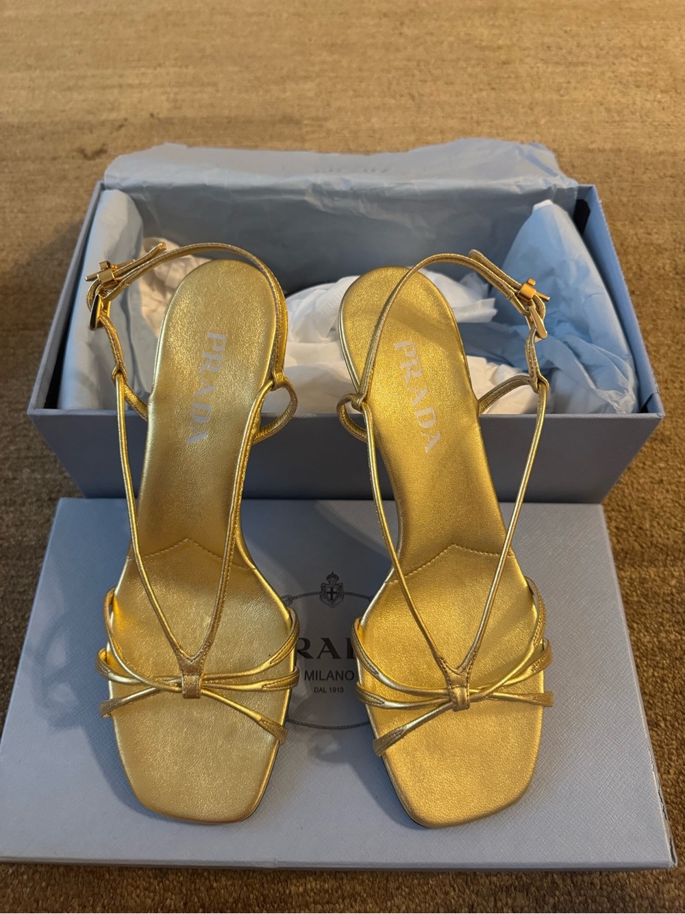 ✨ NWT ✨ Prada Gold Strappy Sandal Heels